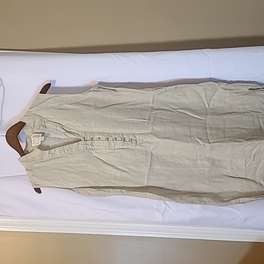 SAIL to SABLE Metallic Linen Stand CollarSleeveless Side Slit Midi Shirt Dress